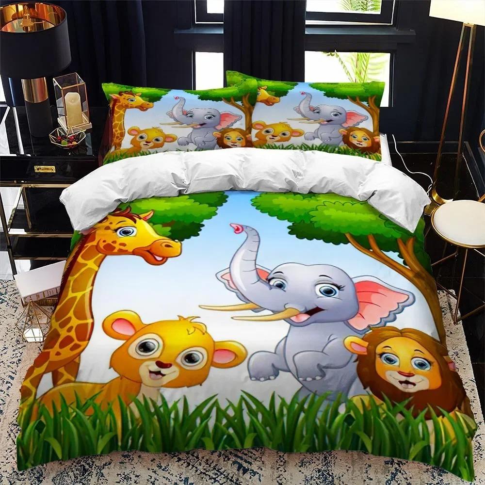Cartoon Animal Duvet Cover King Queen Zoo Tiger Elephant Lion Bedding Set Kids Colorful Wildlife 2/3pcs Polyester Quilt Cover
