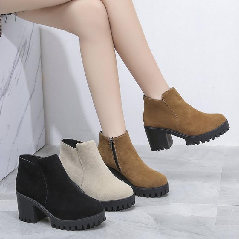 Короткие сапоги на грубом каблуке для женщин с круглым носком, молнией сбоку, толстой подошвой, высокие каблуки для женщин, ботинки Martin