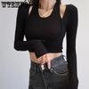 Female Fake Two Piece Halter Knitted Cropped Tops Women Casual Solid Slim Long Sleeve Shirts Clubwear Streetwear