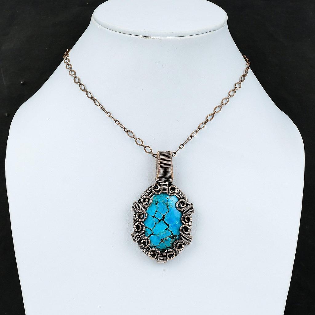 Тибетский бирюзовый кулон, кулон, обмотанный медной проволокой, кулон ручной работы, драгоценный камень, медная проволока, ювелирное изделие, подарок для нее, украшения из тибетской бирюзы