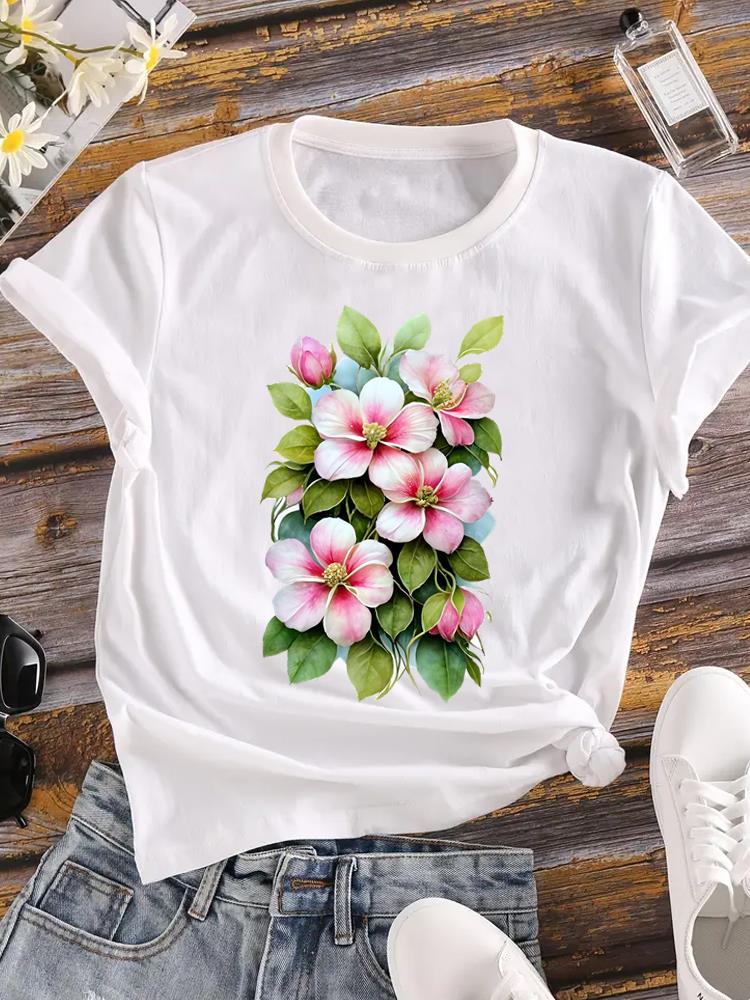 (Азиатский размер) Одежда Повседневная Цветочная Растительная Цветочная Милая Модная Футболка С Коротким Рукавом Женская Футболка С Принтом Женская Графическая Футболка