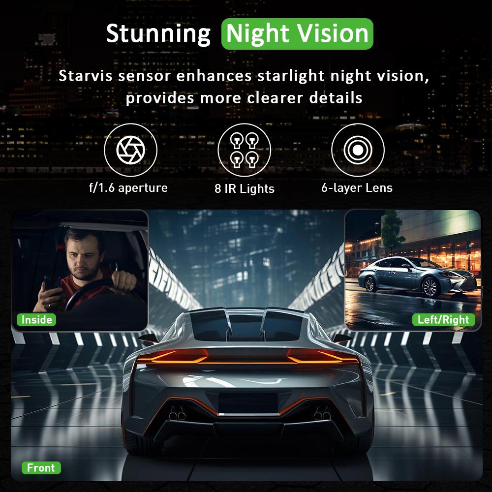 Dashcam 3 Channel Black Box Video Recorder Dash Car Three Lens Car Camera with Rear View DVR 24H Parking Monitor Car Accessories