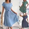 O-Neck Short Sleeve High-Waist Lace-Up Midi Dress Simple Floral Print Pleated Hem Casual Dress Female Clothes