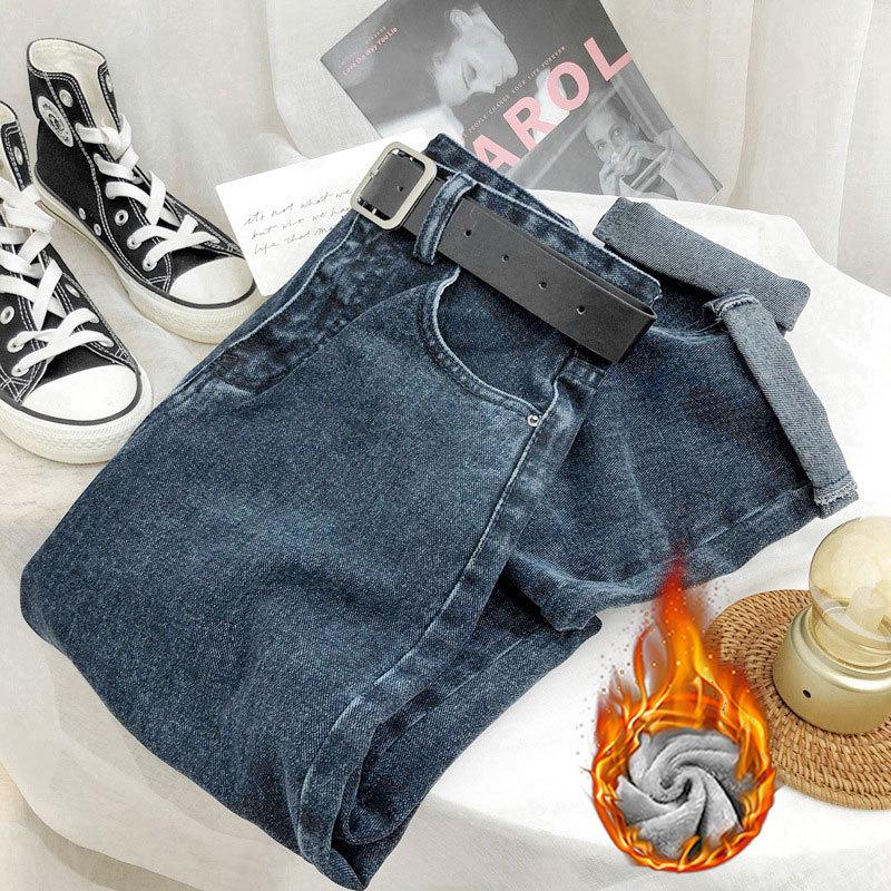 Women's High-Waist Apricot Jeans - Autumn/Winter, Plush-Lined, Loose-Fit, Carrot/Daddy Style Harem Pants, 9/10 Length