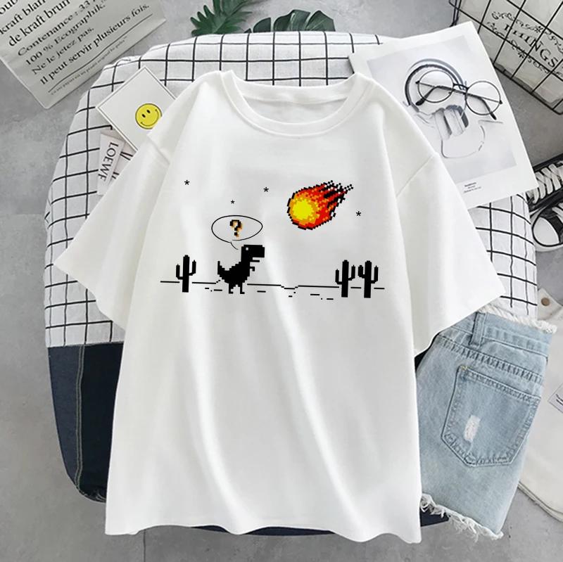 Динозавр Лето Новая Мультяшная Повседневная Панк Женская Футболка с Коротким Рукавом Харадзюку Винтаж Веселая Мода Инс Милая Сладкая Свободная