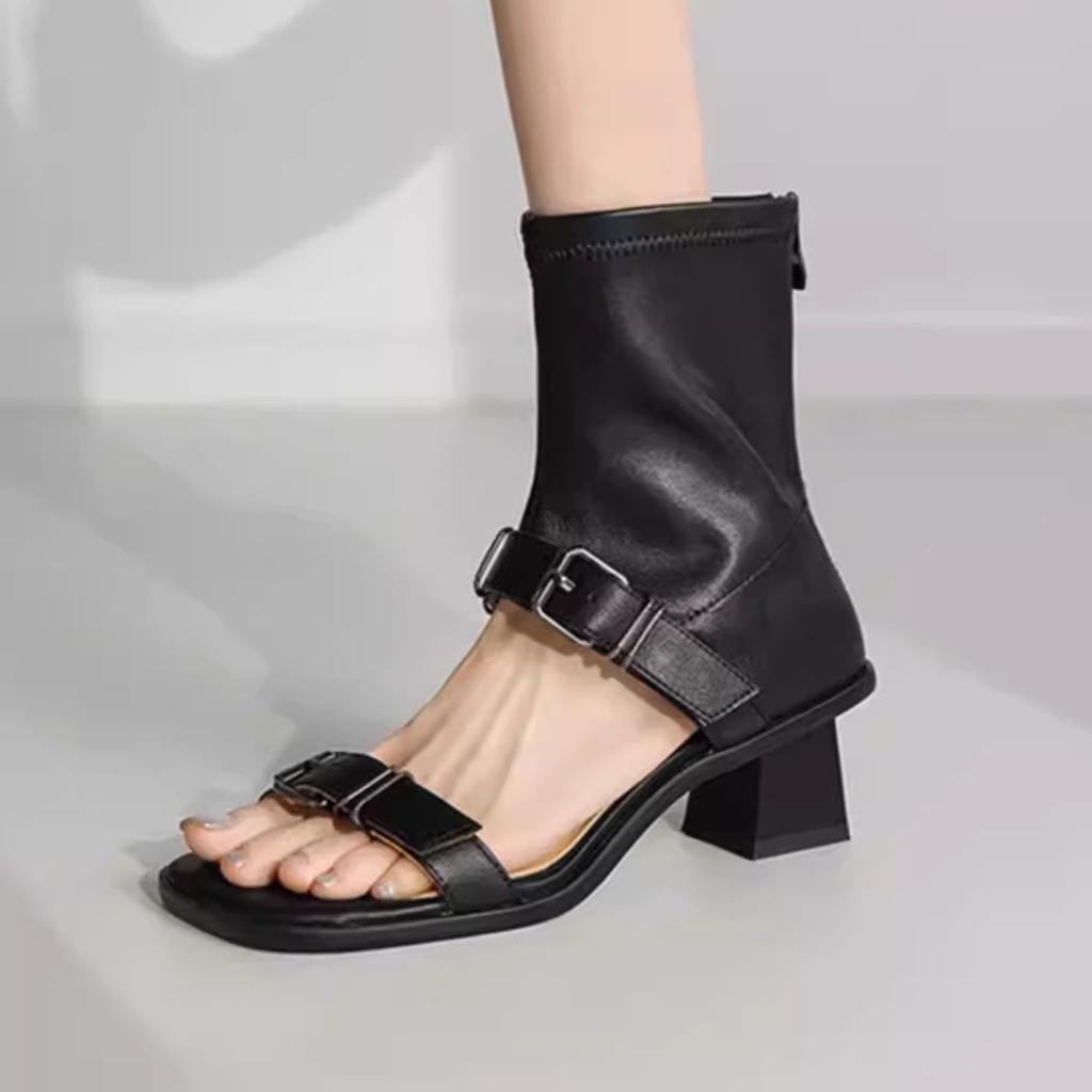 Belt Buckle Thick Heel Open-toed High-top Sandals Women's Summer Square Head Rear Zipper Roman Cool Boots