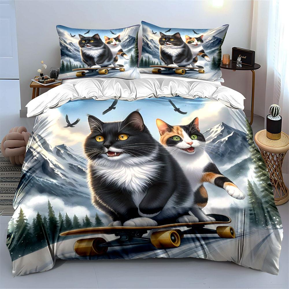 Snowy skateboarding feline duo Bedding sets Duvet covers Pillowcases(1* Duvet Cover 2* Pillowcases without duvet insert)