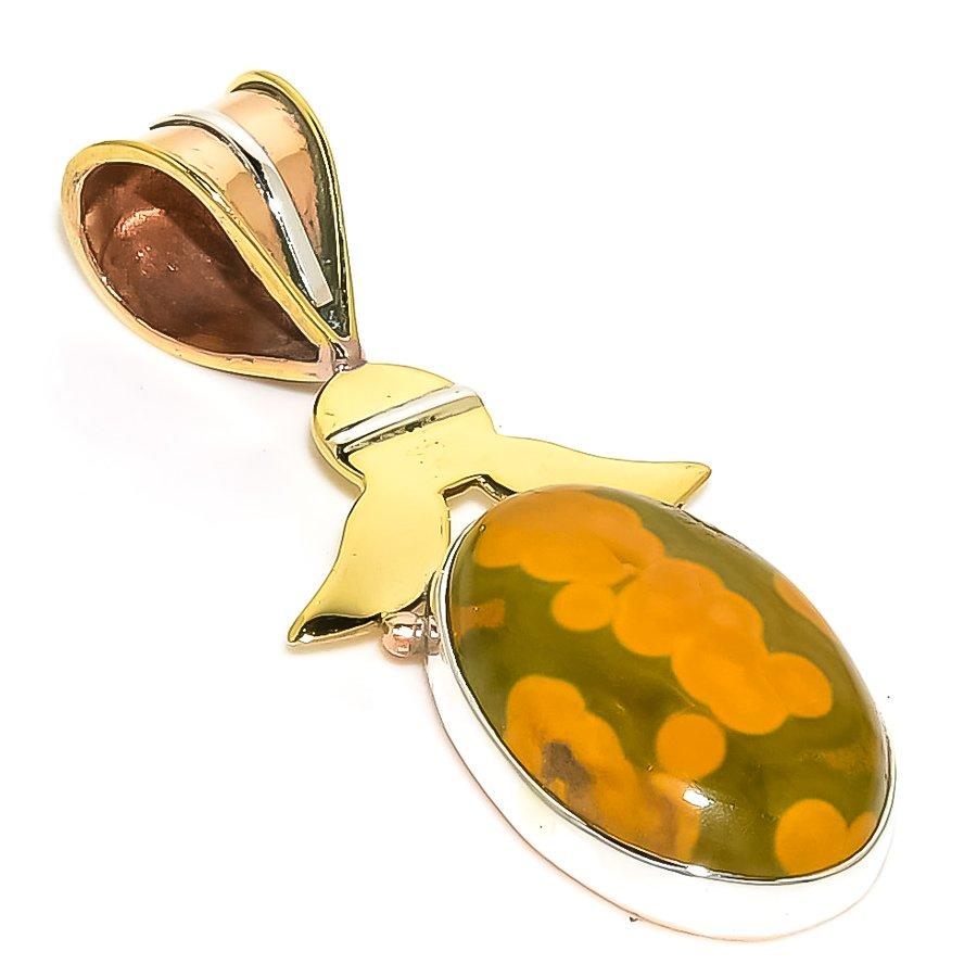 Natural Ocean Jasper TwoTone 925 Solid Sterling Silver Gift Pendant 1.75" C9R33
