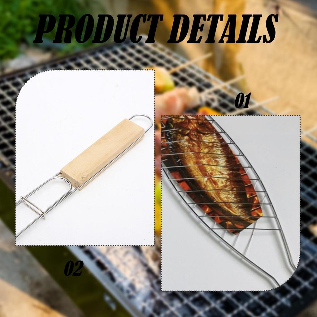 Fish Grilling Basket Practical with Wooden Handle for Camping Shrimp Outdoor Flat