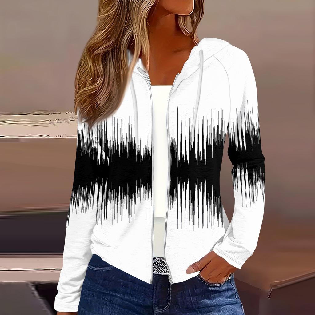 Women's Fashion Casual Zip Up Hooded Print Long Sleeve Sweatshirts Coat