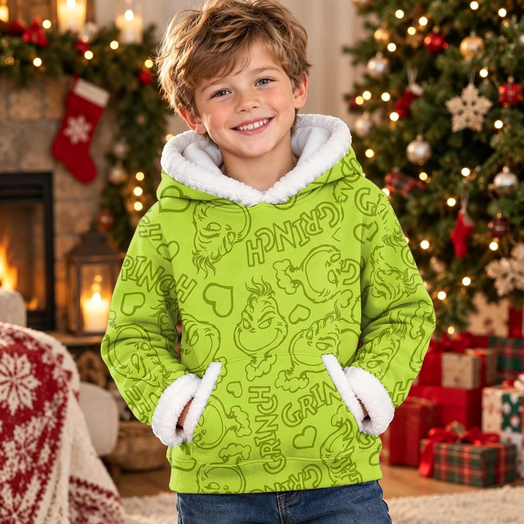 Kids Long Sleeve Christmas Print Hooded Sweatshirt Casual Pullover Top for Holiday