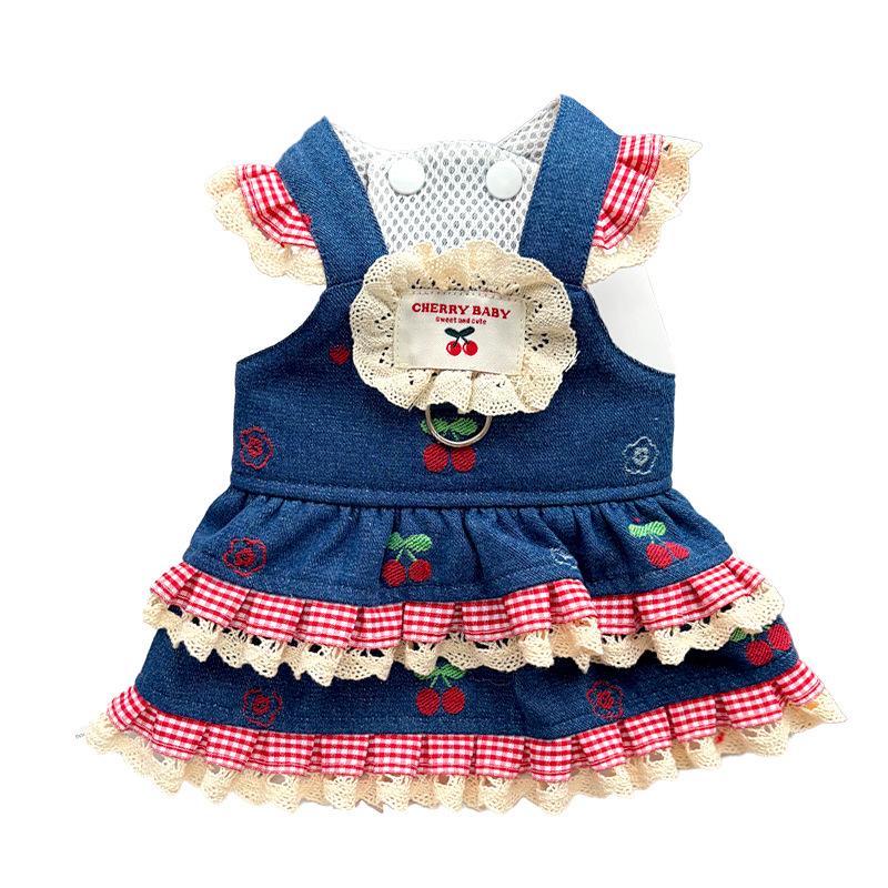 Spring and Summer Denim Cherry Backed Dress Dog Dress Pet Clothes Cat and Dog Accessories