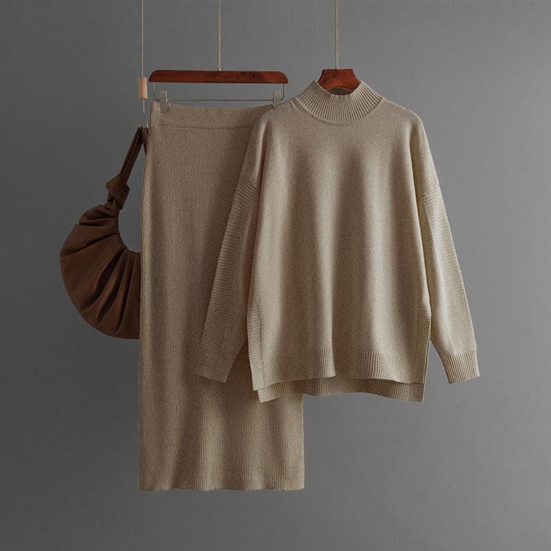Осенне-зимний свободный свитер-пуловер с высоким воротником, однотонный женский трикотажный комплект из двух предметов с длинными рукавами и широкой юбкой