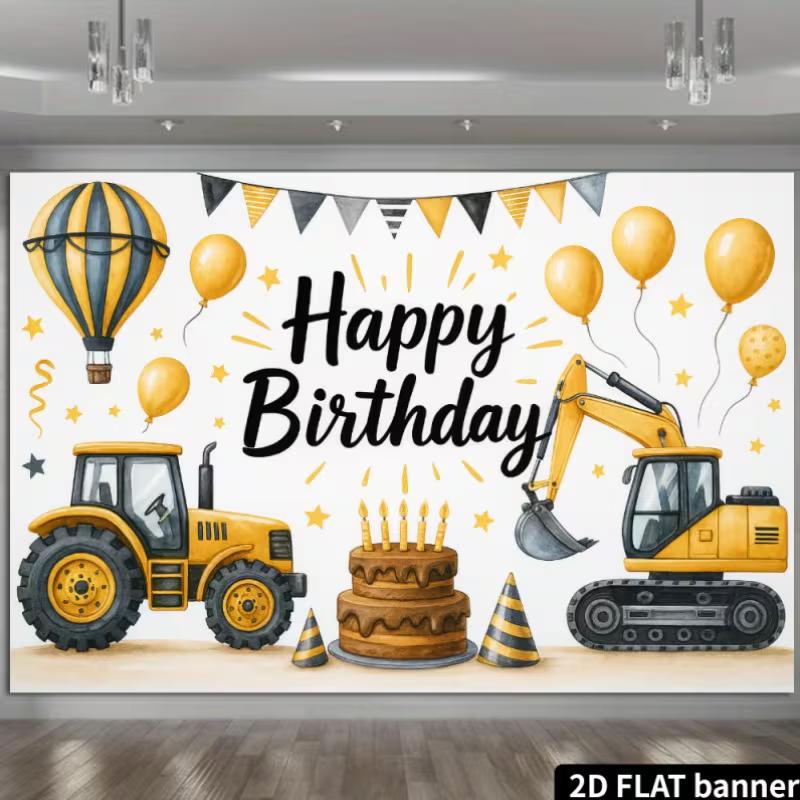 2D Construction Party Backdrop - Excavator & Tractor Banner for Kids Engineering Themed Photoshoot