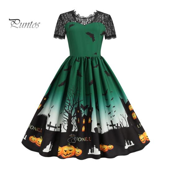 Женское платье для вечеринки на Хэллоуин с ажурным кружевом и круглым вырезом в стиле ретро, А-силуэта, с большим подолом, с принтом летучей мыши в стиле «дом с привидениями», с короткими рукавами, вечернее платье для косплея