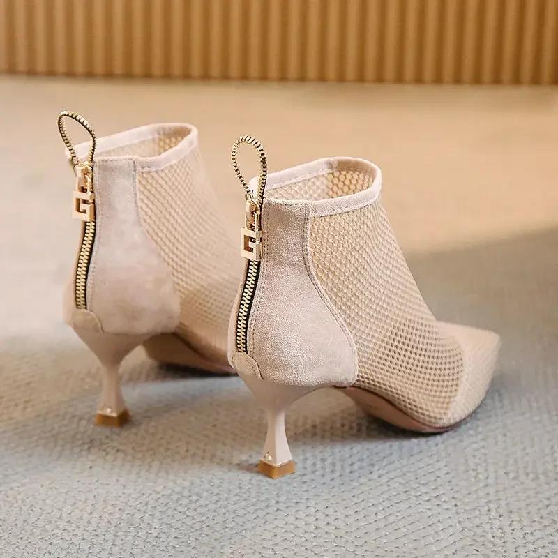 2024 Лидер продаж Новые женские сетчатые босоножки, сапоги, сексуальные летние туфли на высоком каблуке, ажурная обувь, молния сзади, острый носок