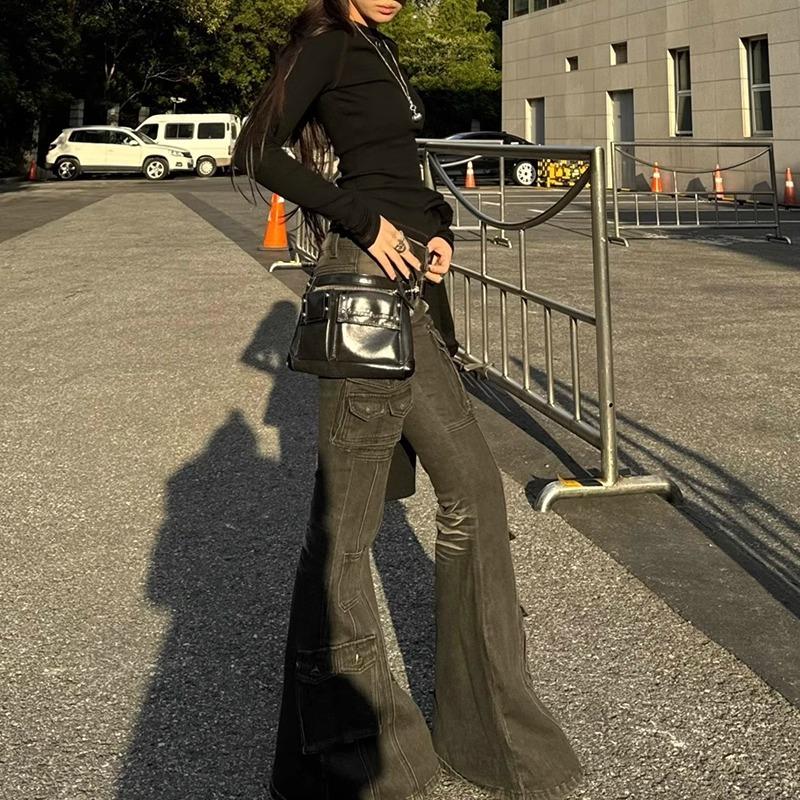 Black Low Waist Cargo Jeans Distressed Whiskers Multi-pocket Stretch Bootcut Pants Women Retro Grunge Streetwear