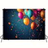 A 2D flat banner background for home decoration, featuring colorful balloons and confetti.