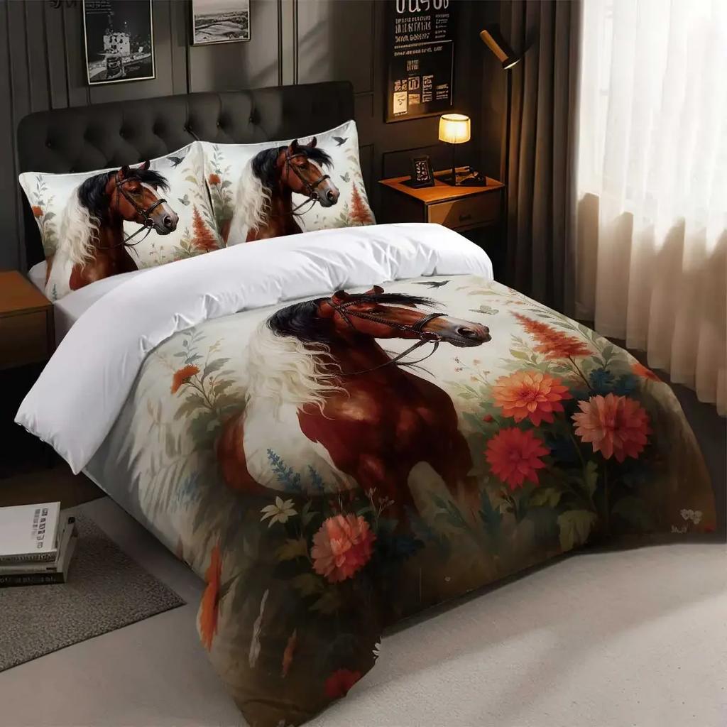 3Pcs Horse Pattern Bedding Set, Suitable For Teenagers And Adult'S Bedroom, 1*Quilt Cover+2*Pillowcase, For Single Bed