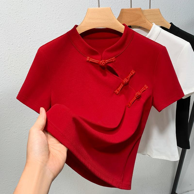 Новый топ с косой планкой на пуговицах в китайском стиле для лета, новая рубашка с воротником-стойкой в китайском стиле для женщин