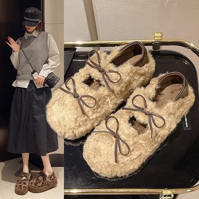Женские хлопковые туфли на подошве Мао Мао модные и теплые для носки осенью и зимой. 2025 бант, одна педаль, двойной ремень, два диких матча.
