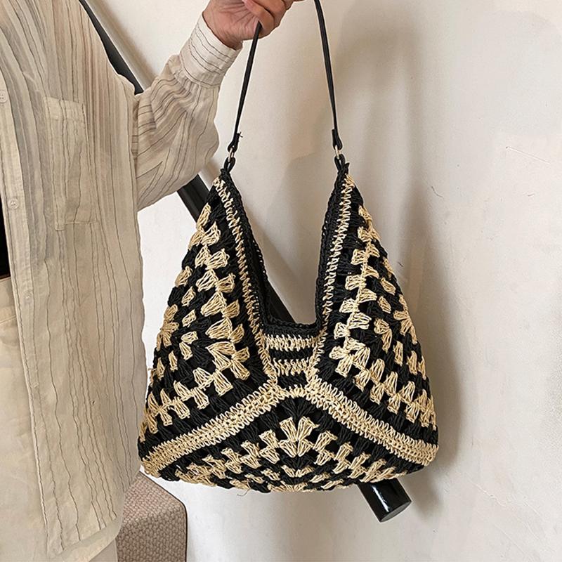 Yogodlns Летняя соломенная вязаная сумка, ажурная сумка-тоут, однотонная пляжная сумка через плечо, праздничная дорожная сумка, сумка через плечо в стиле бохо для женщин