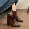 Metal Belt Buckle Spliced Suede Block Heel Single Boots Women's Fashion Pointed Toe Rear Zip Shortho Boots