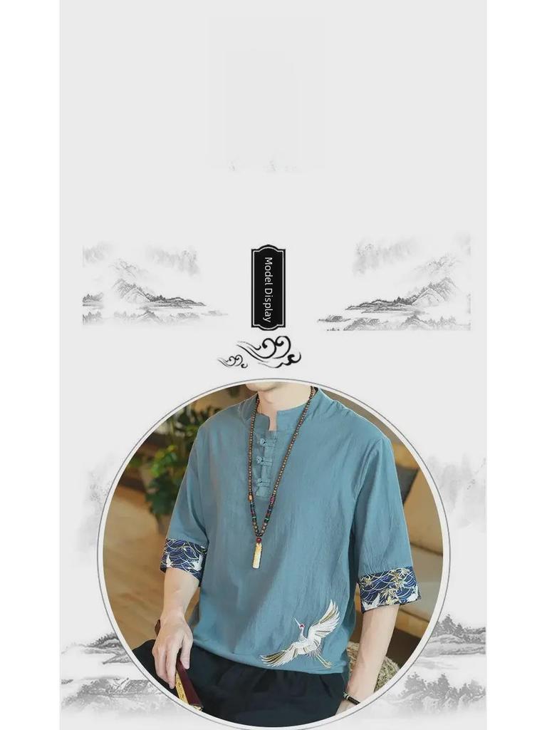 Мужская футболка с коротким рукавом из хлопка и льна с вышивкой «Китайский журавль»