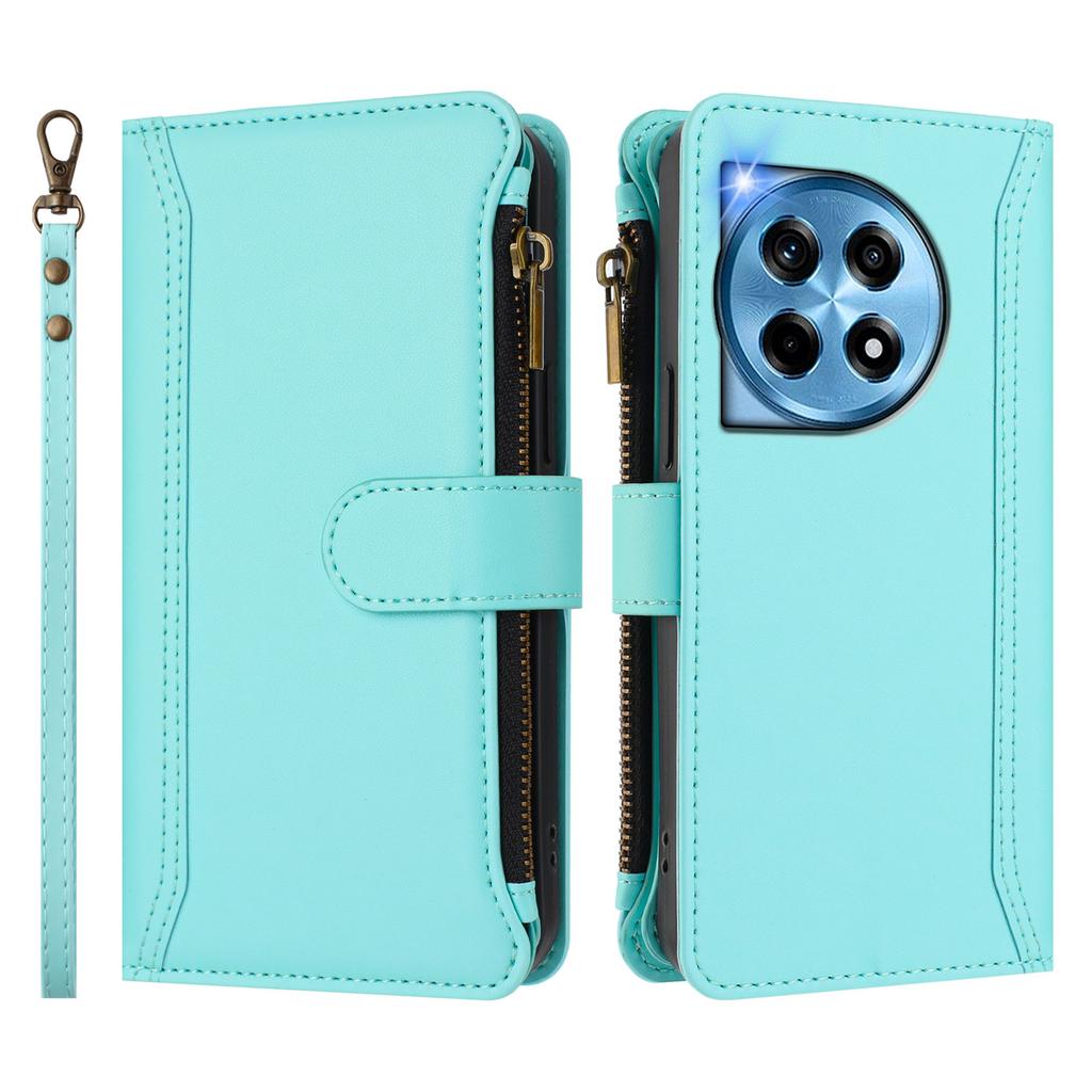 Кожаный чехол для OnePlus Ace 3 5G/OnePlus 12R 5G с 9 отделениями для карт, застежкой-молнией, подставкой и ремешком на запястье.