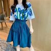 Vintage Oil Painting Blue Short Sleeve T-shirt and Irregular A-line Puff Skirt Set for Women