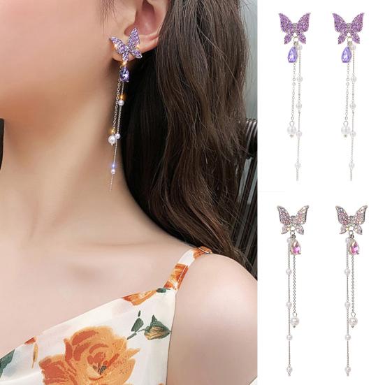 1 пара серег-гвоздиков со стразами и бабочками с длинными кисточками из искусственного жемчуга, элегантное очарование в форме капли воды