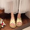 Breathable Woven Thick-soled Slippers Women's 2025 New Outer Wear Heightening Sandals Summer Ins Beach One-word Sandals