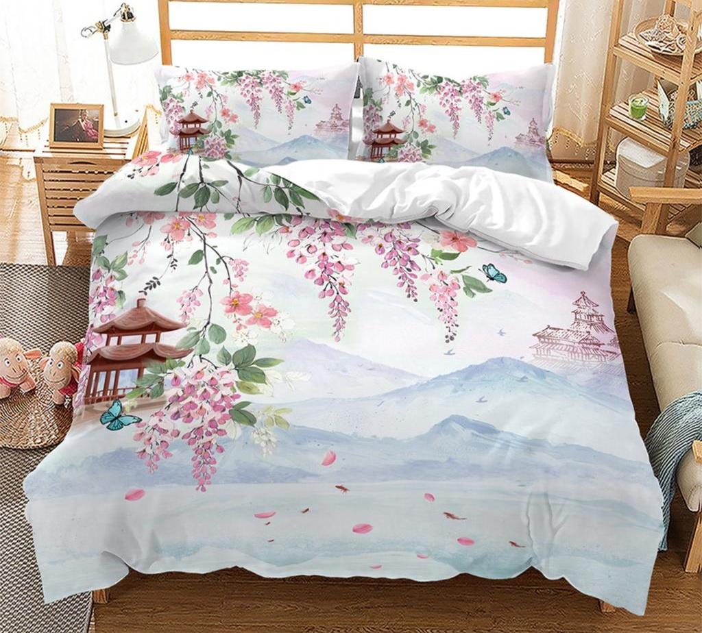 Spring Flower Duvet Cover King Size Double Bed Pink Cherry Blossom Bedding Set for Girls Teens Adults Room Decoration 3 Pcs