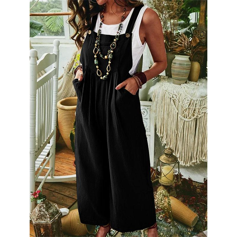 Summer Women's Jumpsuit Thickened Ramie Cotton Solid Color Sleeveless Casual Wide Leg Side Buckle Jumpsuit