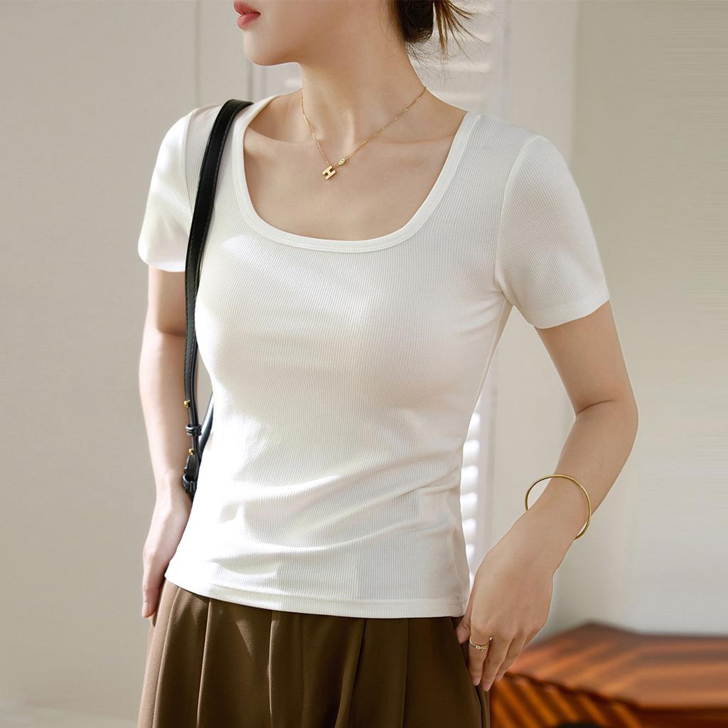 High Elastic Threaded Cotton 2024 Summer New Style Versatile T-shirt Women's Short-sleeved Top Square Collar Bottoming Shirt