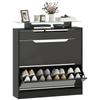 Shoe Storage Cabinet With Slide Out Drawer 2 Flip Doors Tempered Glass Top Black