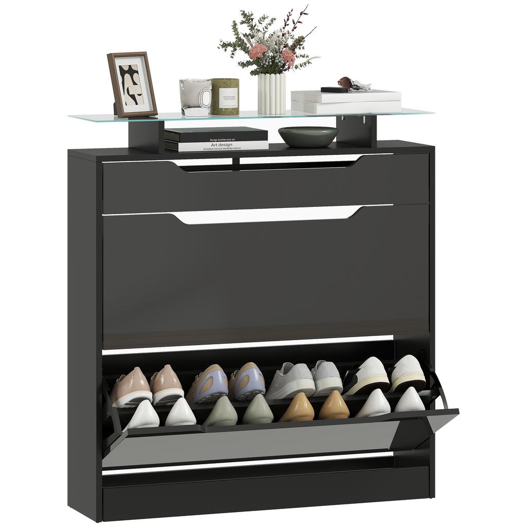 Shoe Storage Cabinet With Slide Out Drawer 2 Flip Doors Tempered Glass Top Black