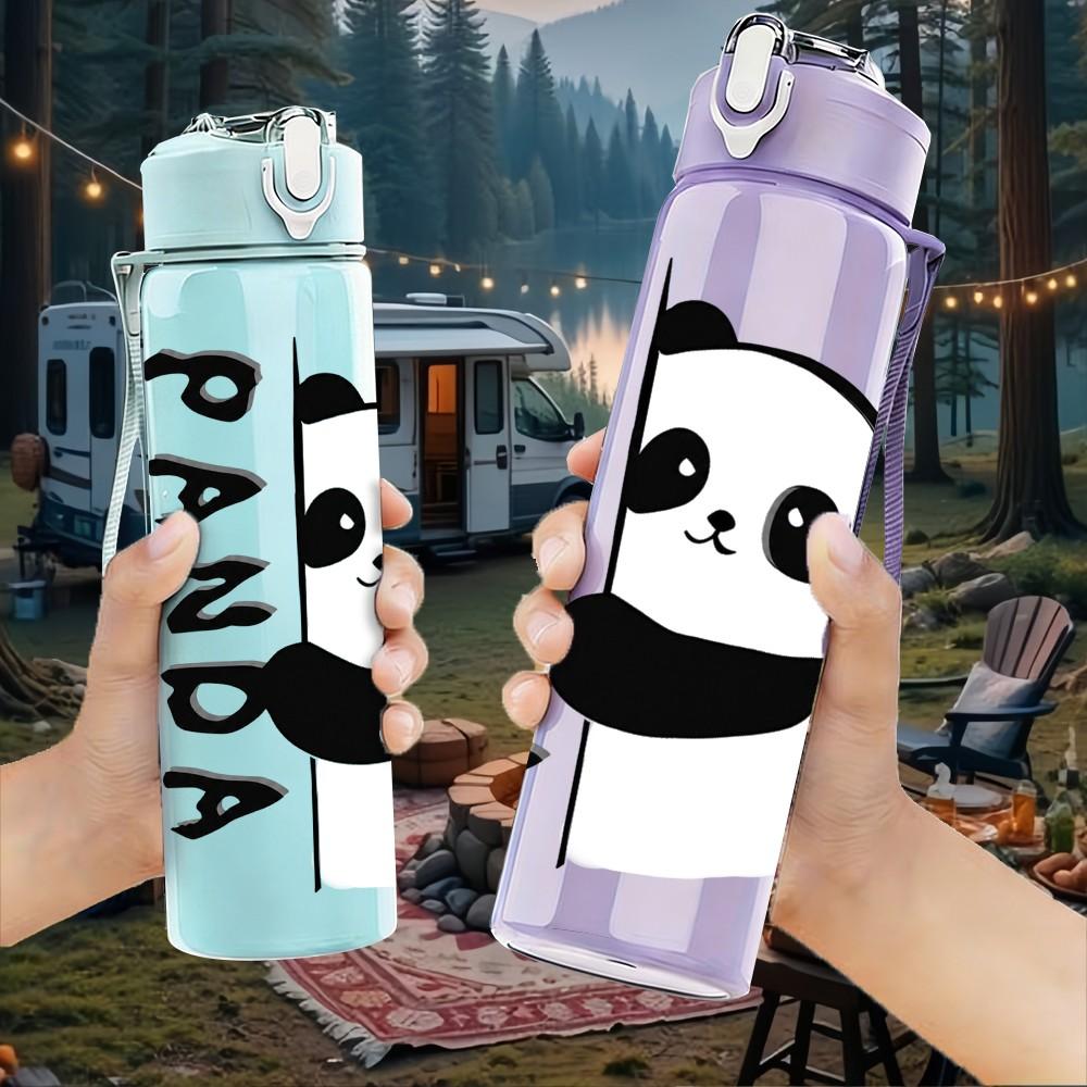 1PC Black White Panda With Small Heart Print 750ml Color Plastic Sports Water Bottle Leakproof Flip Straw Lid Suitable for Sports Office Home Use