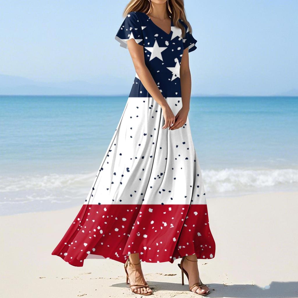 Женские летние повседневные модные платья с принтом ко Дню независимости, платья с коротким рукавом и V-образным вырезом