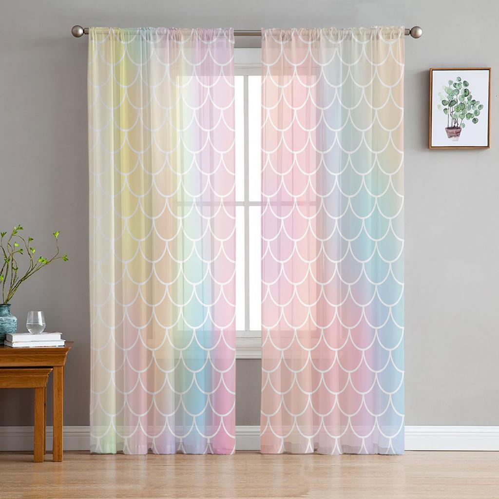 Mermaid Scales Ocean Rainbow Chiffon Sheer Curtains for Living Room Bedroom Home Decoration Window Voiles Tulle Curtain
