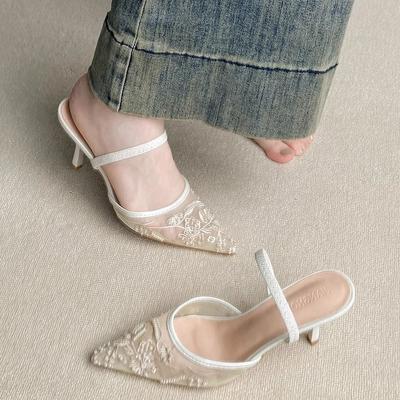 Красивые босоножки на высоком каблуке с мелким вырезом, остроносые туфли-стилет с вышивкой, женские 2025