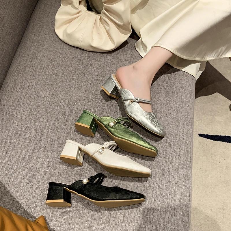 Baotou полутапочки женские летние уличные шлепанцы квадратный носок толстый каблук высокие каблуки сандалии тапочки-мюли жемчужный декор платье обувь