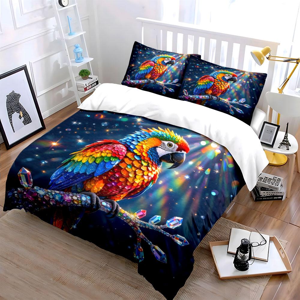 Набор Декора для Спальни с Попугаями Постельное Белье с 1 Пододеяльником 2 Наволочками Односпальное Двуспальное King Queen, Подарок