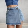 Women High-Waist Denim Shorts Retro Design Slim Fit Solid Color Fake
