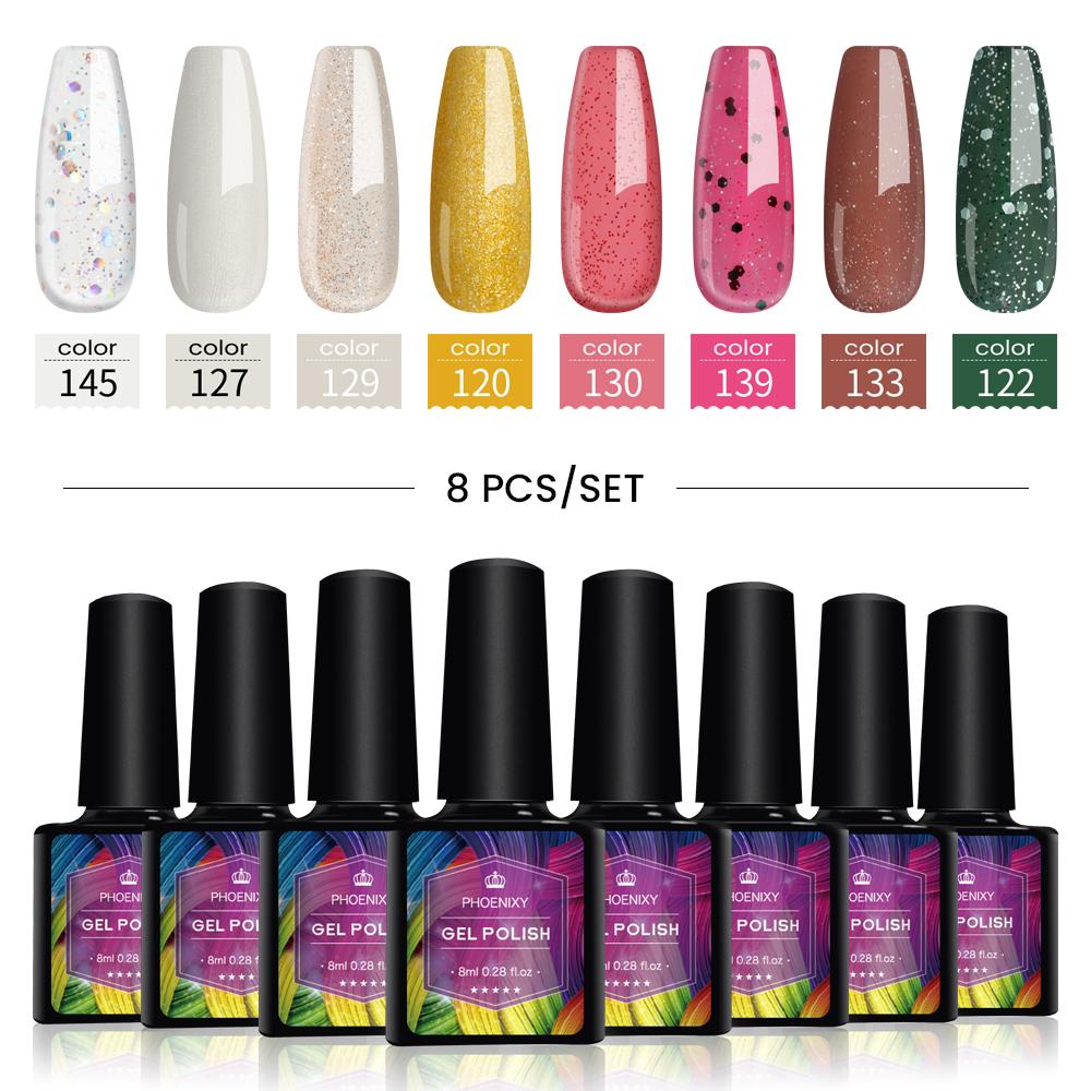 PHOENIXY 8 мл набор гель-лаков для ногтей 8 цветов УФ-гель-лак для ногтей стартовый набор Soak Off блестящий блестящий гель-лак для ногтей набор лаков для ногтей подарки маникюрный набор