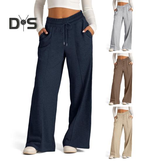 Женские повседневные брюки с эластичной резинкой и высокой талией, регулируемые на шнурке, прямые широкие брюки с карманами, однотонные длинные брюки