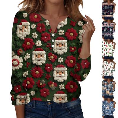 Женская мода Повседневная футболка с V-образным вырезом, длинными рукавами и декоративными пуговицами