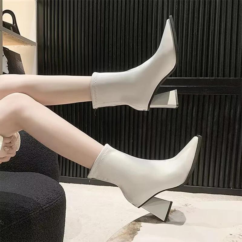 Женские ботильоны на высоком каблуке с острым носком, дизайнерские туфли-лодочки, зимние новые брендовые тенденции 2024 года, мотоциклетные ботинки Botas De Mujer