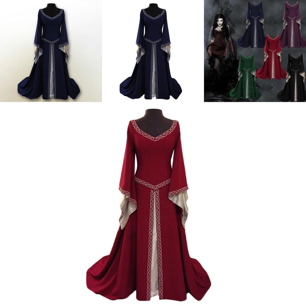 Luxurious Long Bell Sleeve Medieval Renaissance Women's Vintage Gown Dress For Cosplay