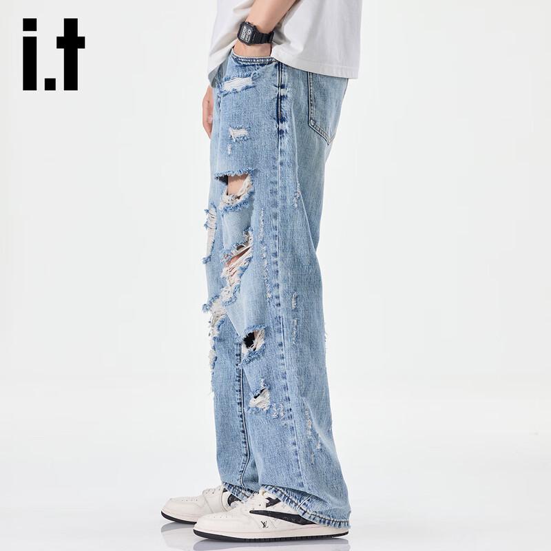 Izzue IT Мужские джинсы прямого кроя широкие штанины с потертостями